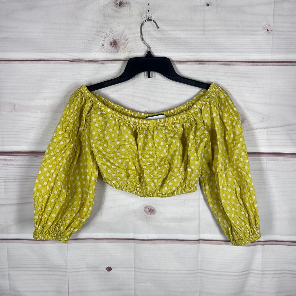 Alexis Crop Top Womens M Yellow Polka Dot Off The Shoulder Cotton Balloon Sleeve